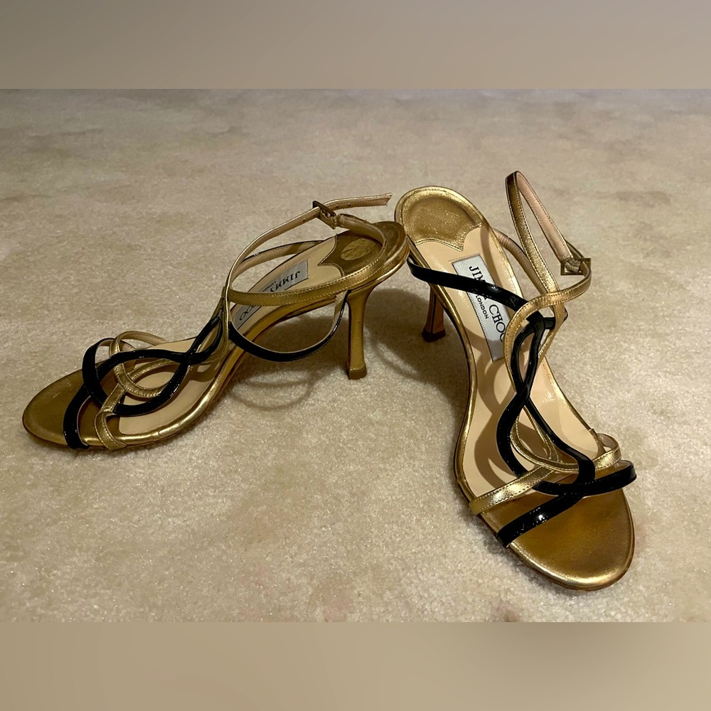 Jimmy Choo size 36 gold and patent leather black heeled sandals